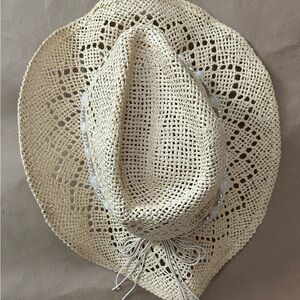 Natural Crochet Straw Sun Hat with Bead Trim